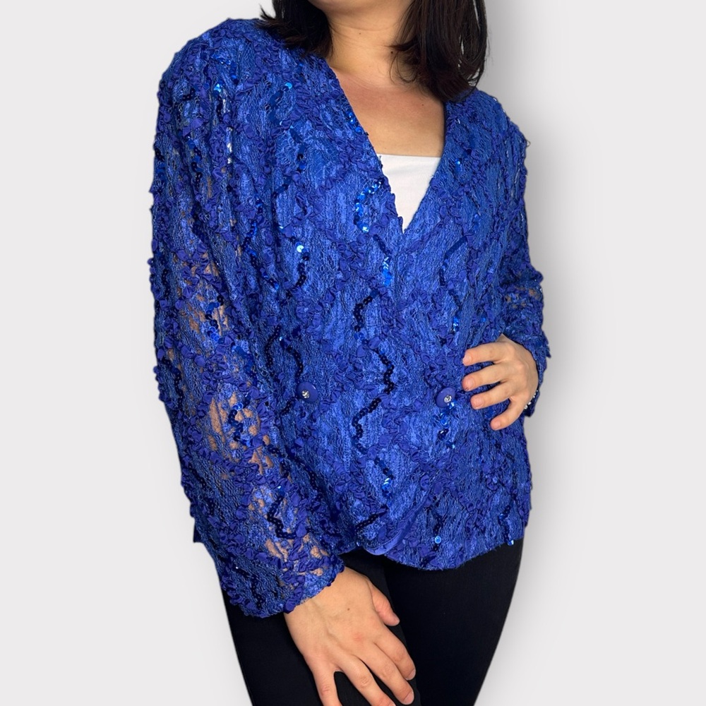 Vintage 1980s Cobalt Blue & Purple, Sequin, Ruffle, Double Breasted Blazer - Picture 2 of 8